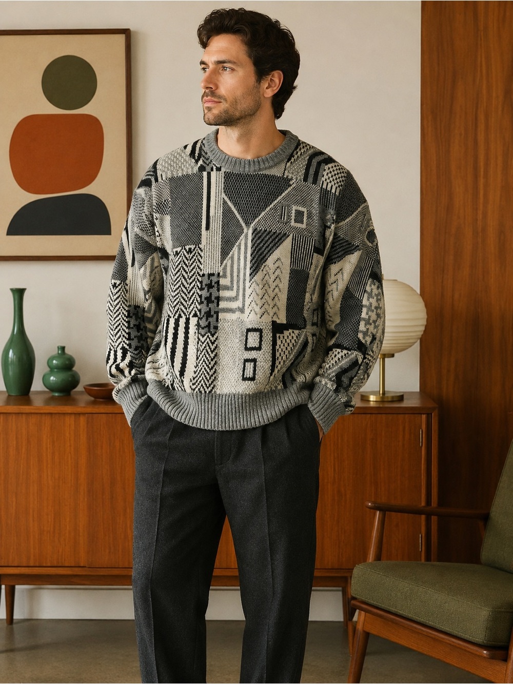 Mens 2X Abstract Geometric Knit Sweater Gray Black 80s 90s Grandpa Pullover